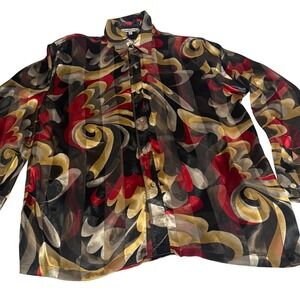 Maltos Abstract Swirl Button Down Shirt Red Gold Black Sheer Stripe Mens XL USA
